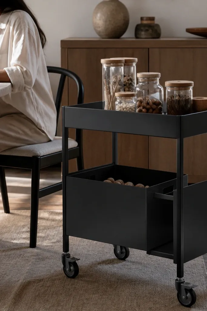 Matte black rolling cart with a tray top, jars, and a pull-out bin