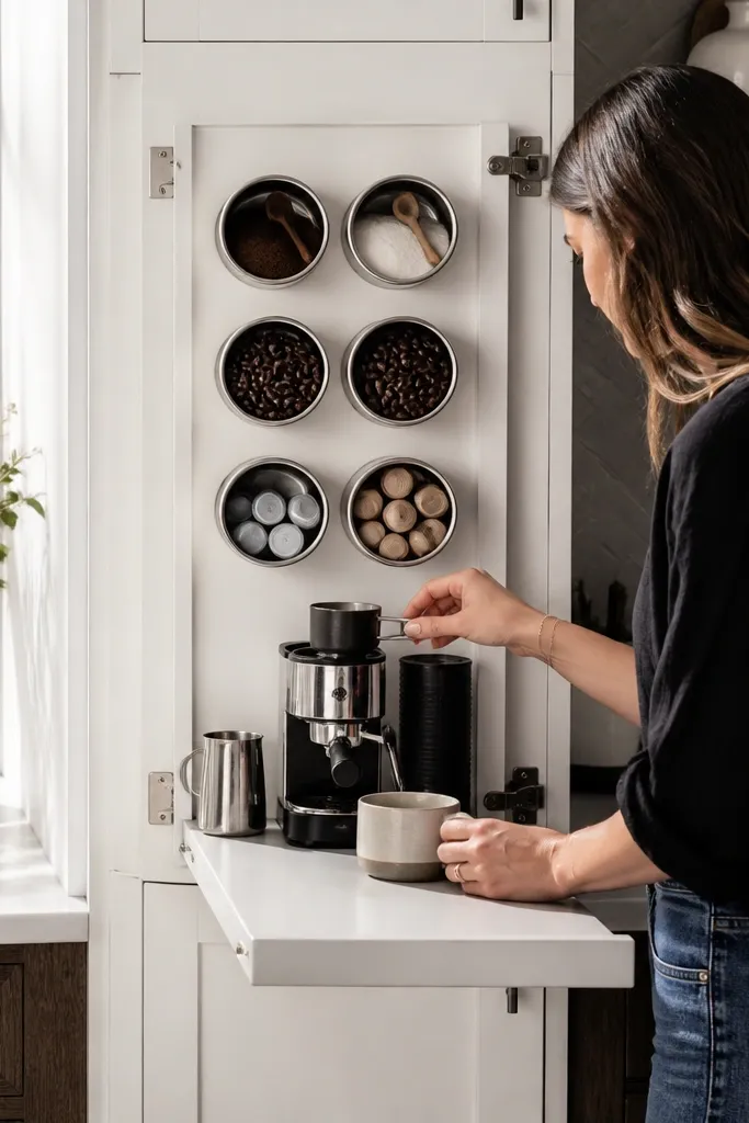 White cabinet door coffee station with magnetic canisters and a small pull-down tray