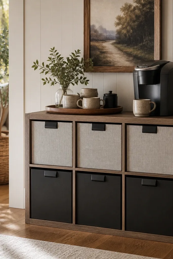 Square cubby coffee station with closed bins, liners, and a small coffee tray