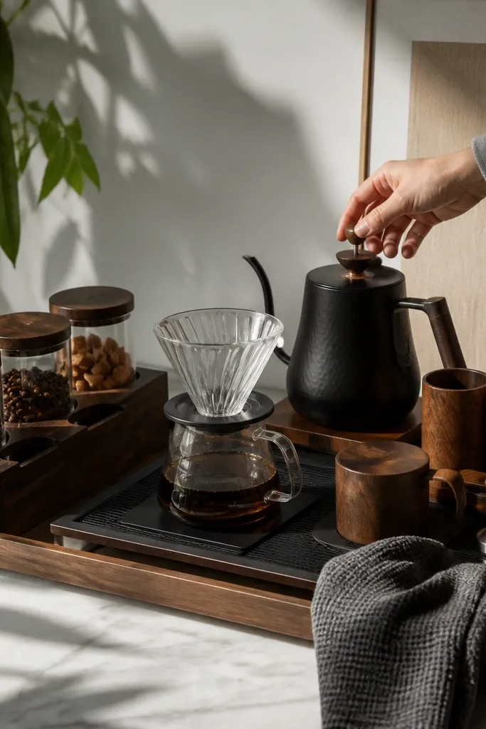 Large tray with modular jars, a drip mat, and neatly arranged coffee tools