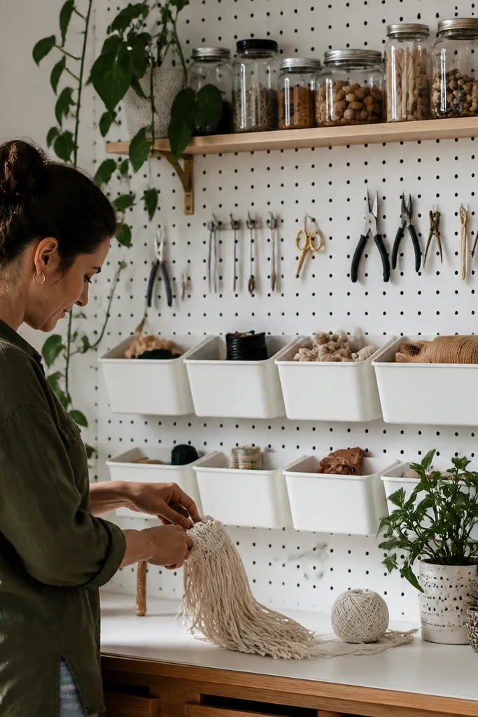 White pegboard wall with hooks, labeled bins, and a small shelf for jars