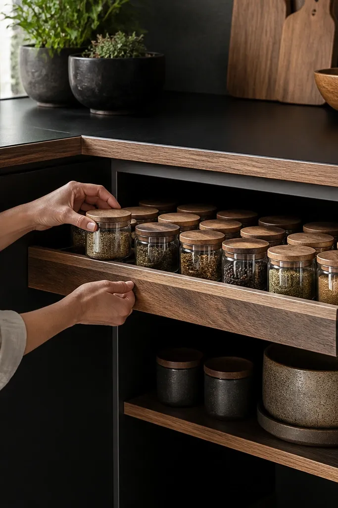 Wood and matte black corner station with a sliding drawer and jar tops