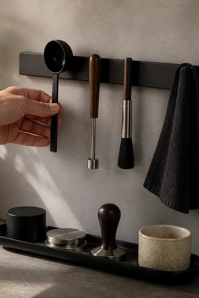 Matte black magnetic rail holding coffee scoop and small tools above a tray