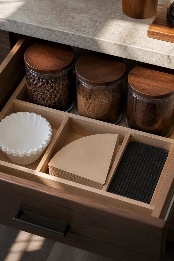 Open drawer with a sliding wooden insert holding jars, filters, and a drip mat