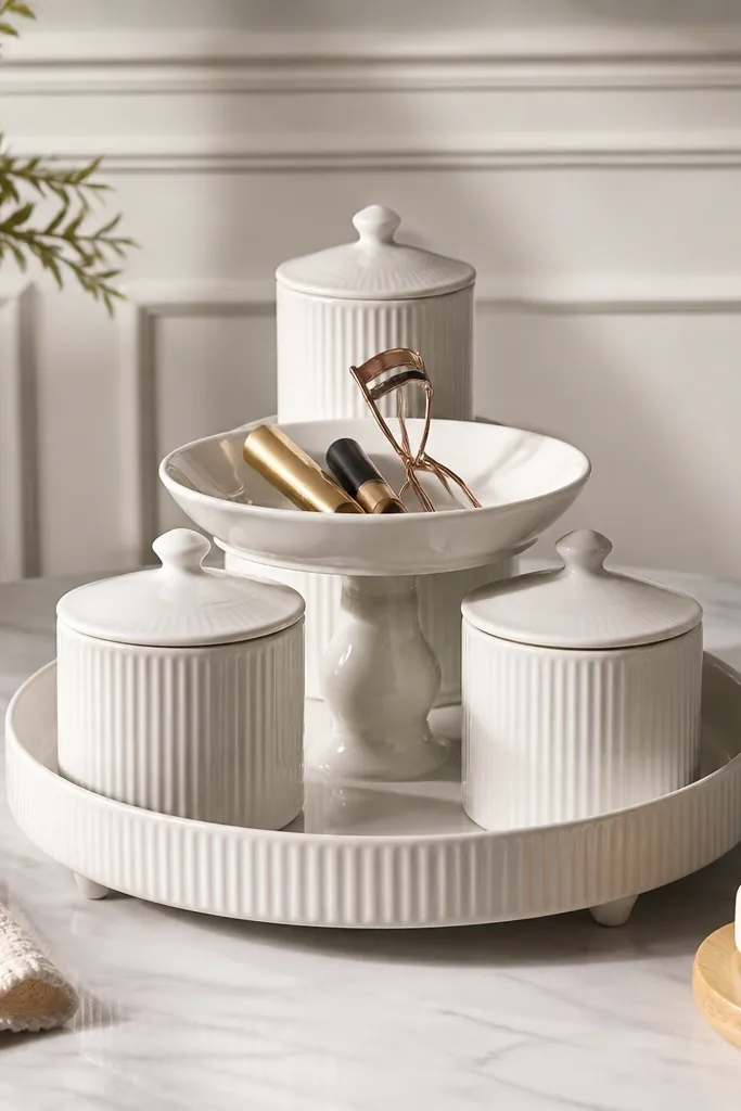 White ceramic tiered stand with lidded canisters and a center tray for daily tools