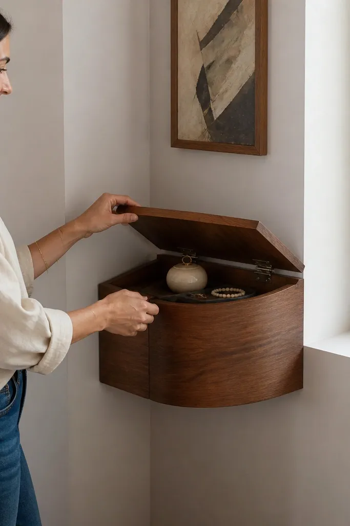 Small corner wall cabinet with a lift-up top revealing a tray