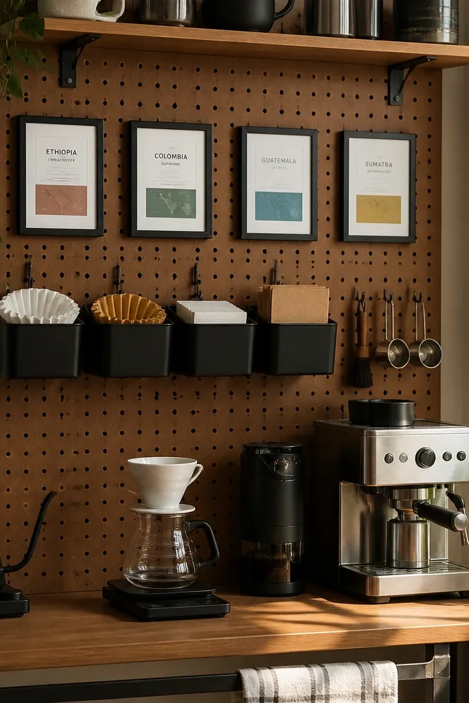 Pegboard coffee wall with neat label frames and small bins for filters