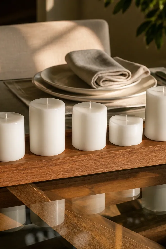 Wood tray with a row of white candles on a glass dining table