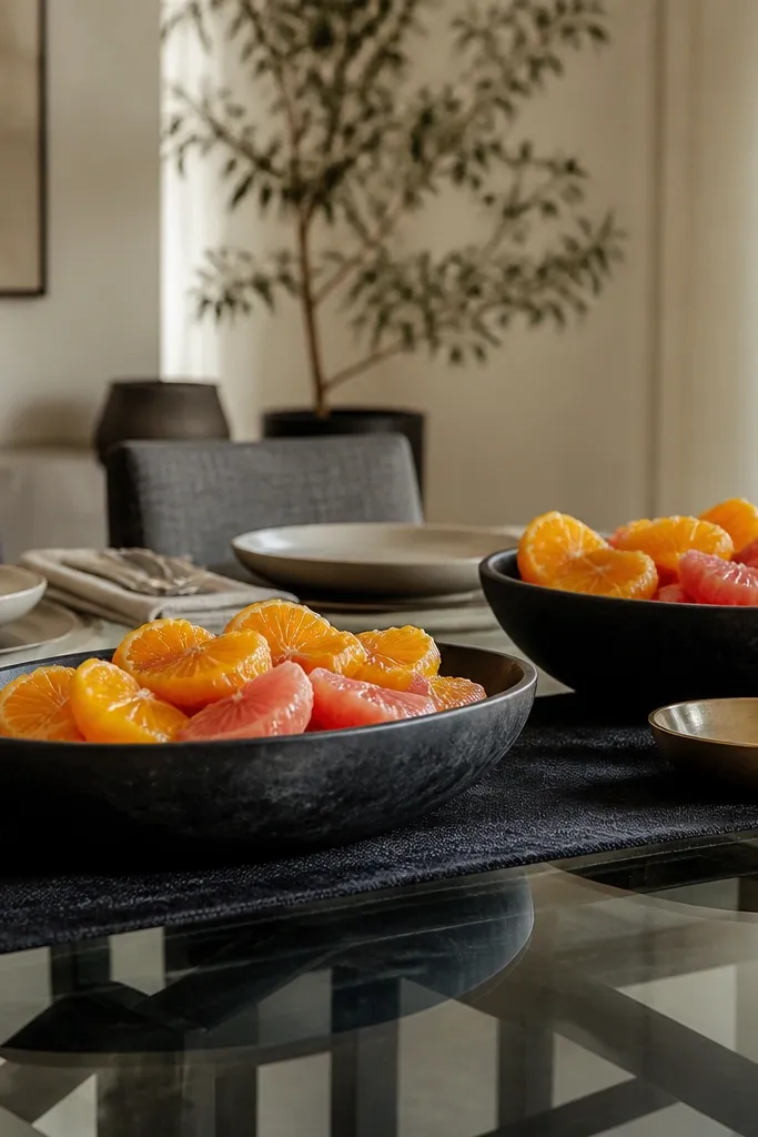 Two black bowls filled with oranges and lemons with small brass accents on glass table