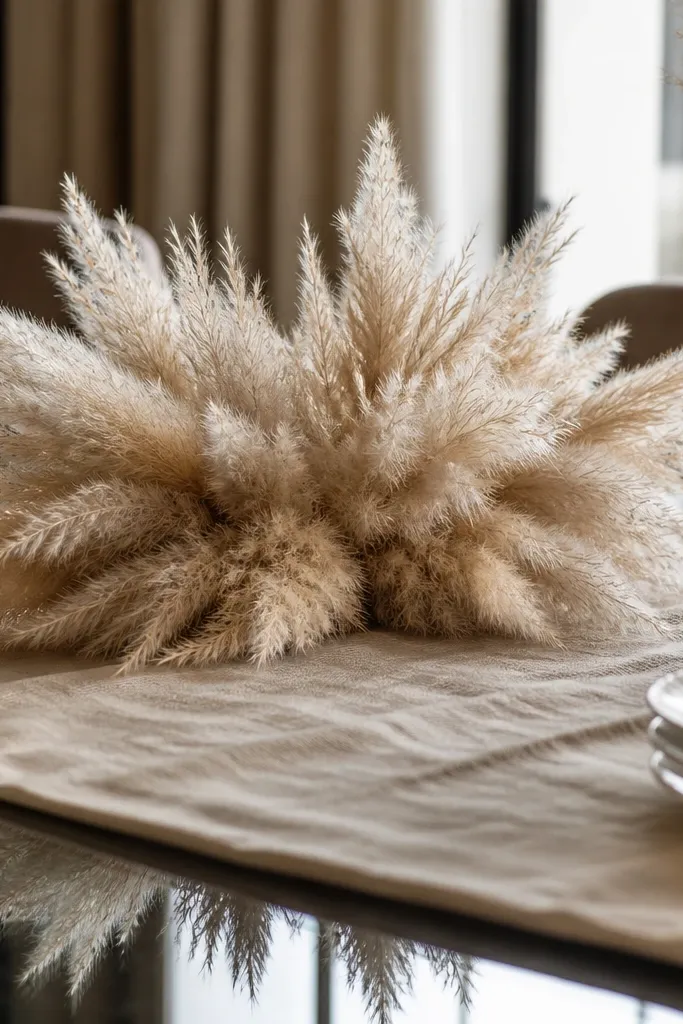 Beige linen runner with a soft pampas arrangement centered on a glass table
