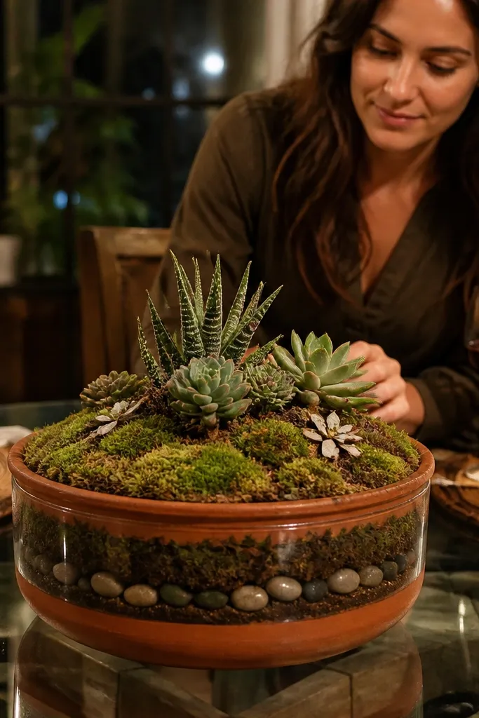 Small terracotta planter with moss and succulents on a glass dining table