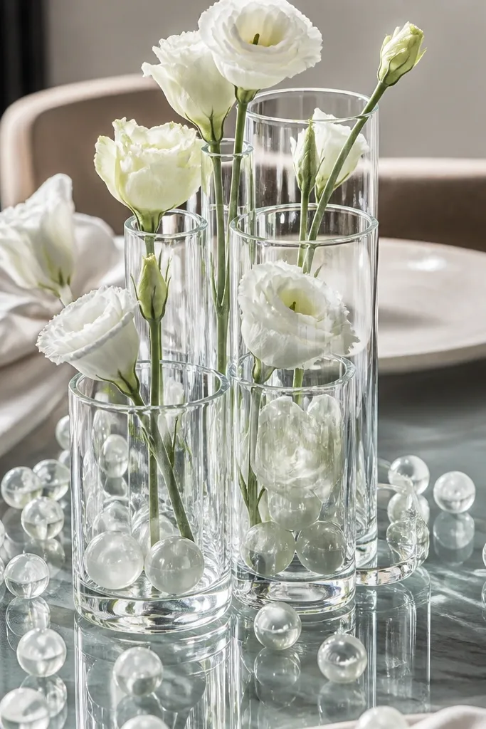 Two clear glass vases with white flowers and scattered marbles on glass table