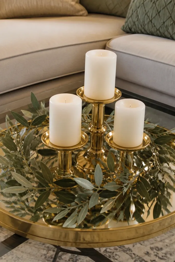 Gold mirror tray with candles and faux leaves centered on glass dining table