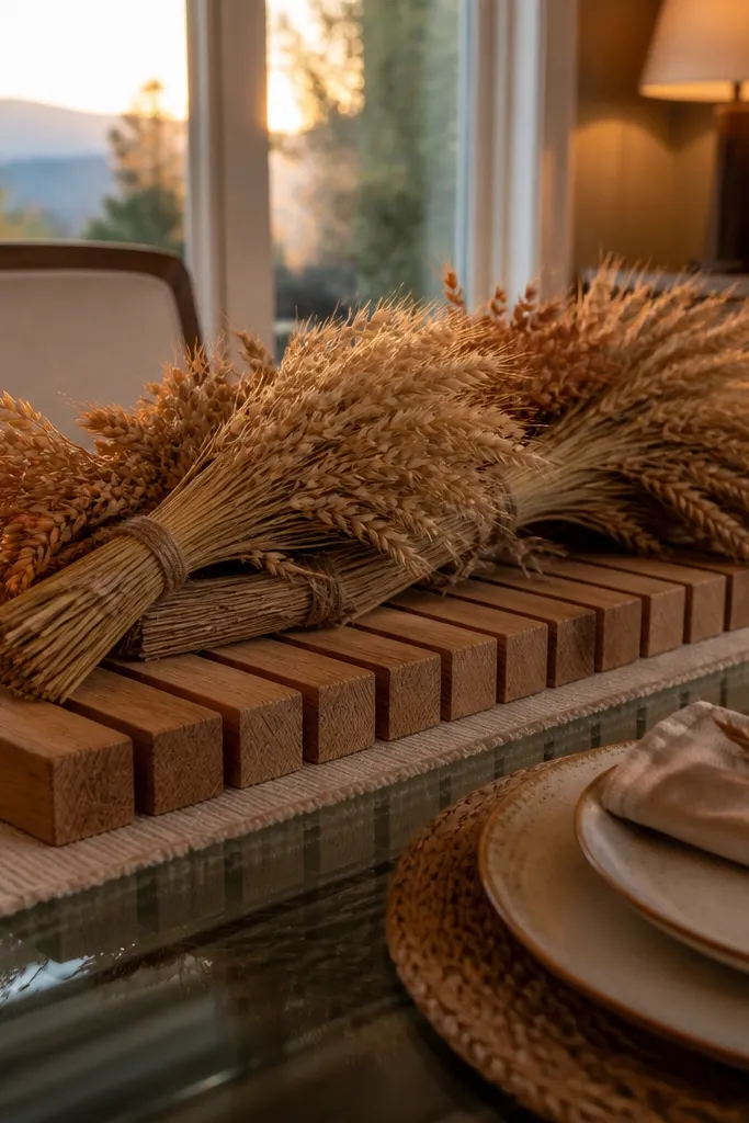 Wood slat base with wheat-like dried bundles and neutral accents on glass table