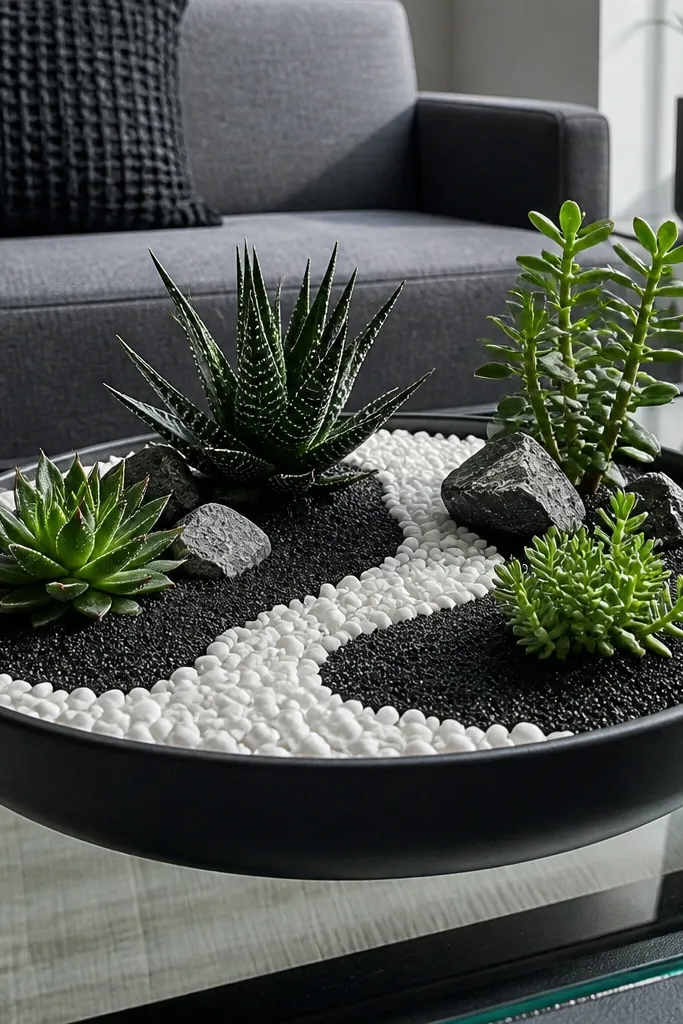 Small tray terrarium with black sand, succulents, and white stones on glass table