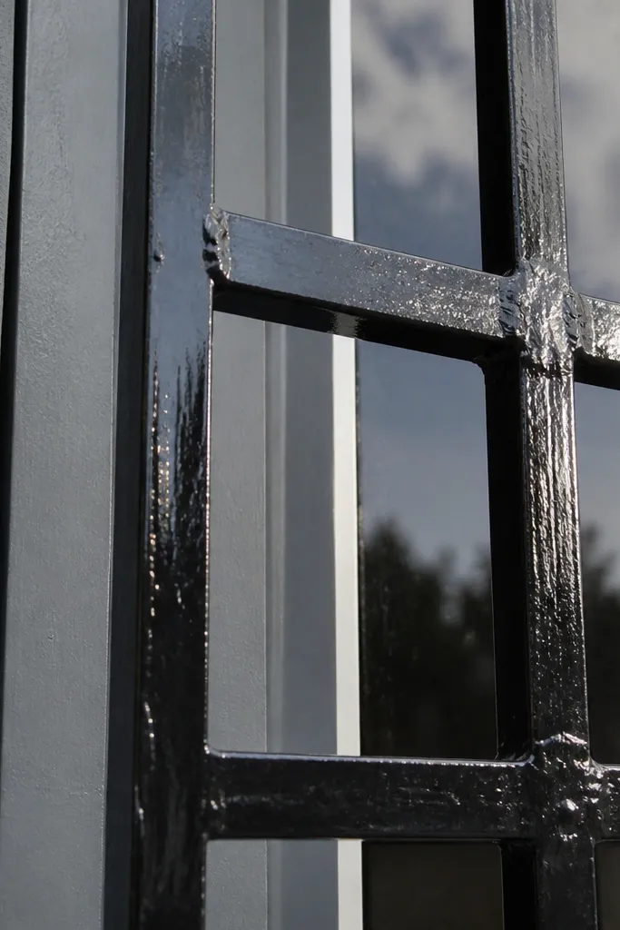 Shiny coated window grill with strong reflections