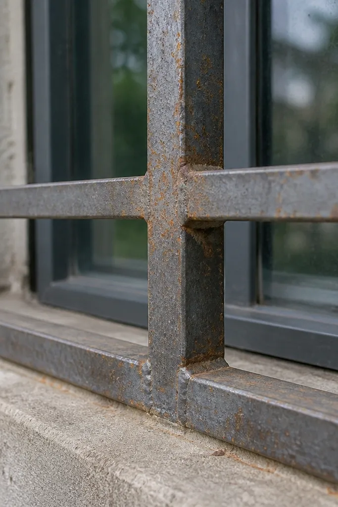 Rusted window grill with flaking metal near welds