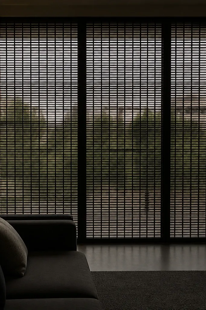 Window grill with dense bars covering most of the glass area