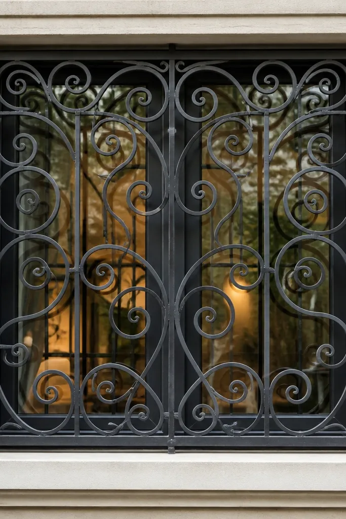 Window grill with ornate curls and scrollwork