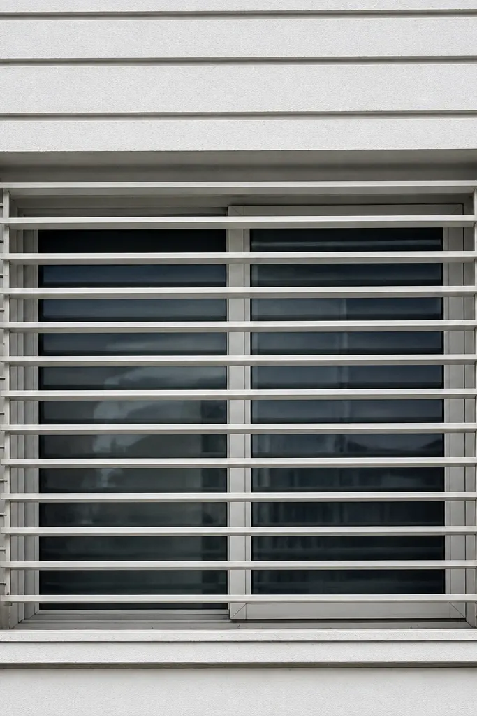 Window grill with many horizontal rails and heavy crossbars