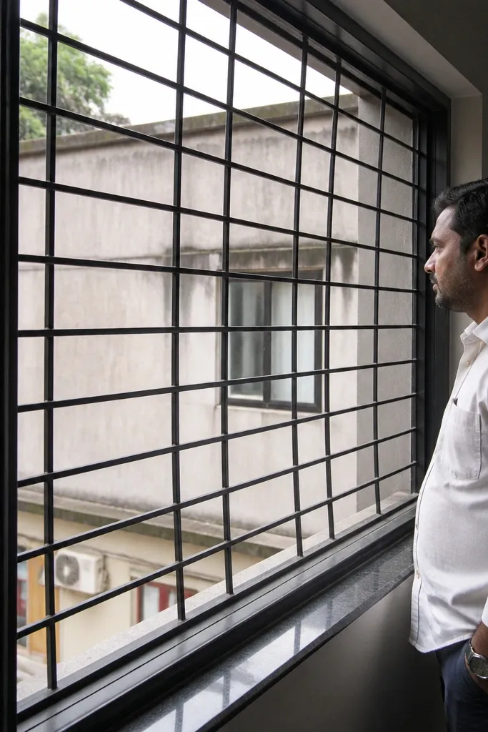 Sagging window grill with bowed bars