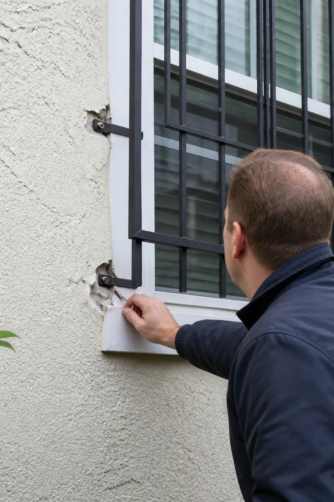 Loose window grill with visible gaps around anchors