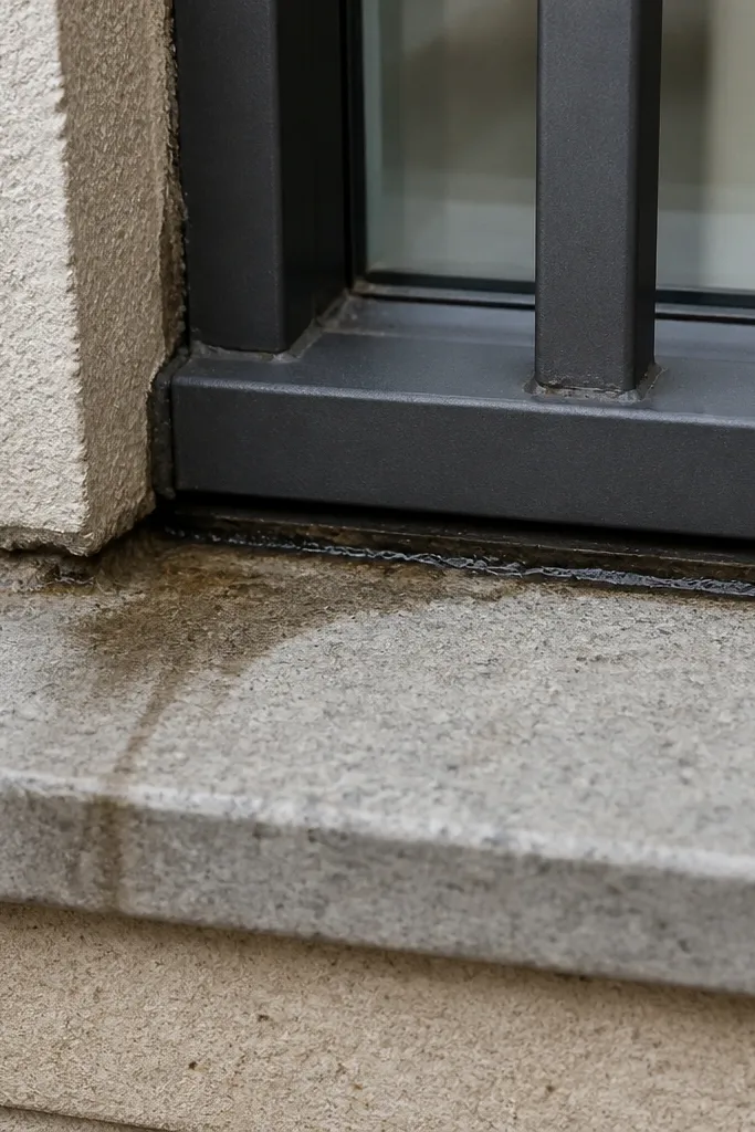 Window grill with uneven gaps and water stains around frame
