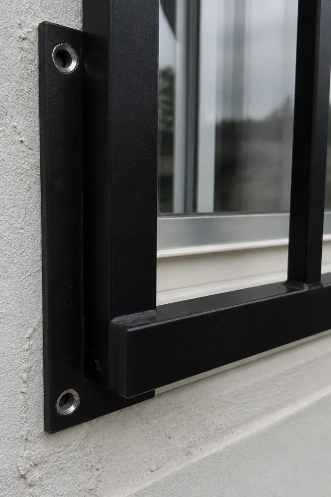 Window grill with rust starting at drilled and cut holes