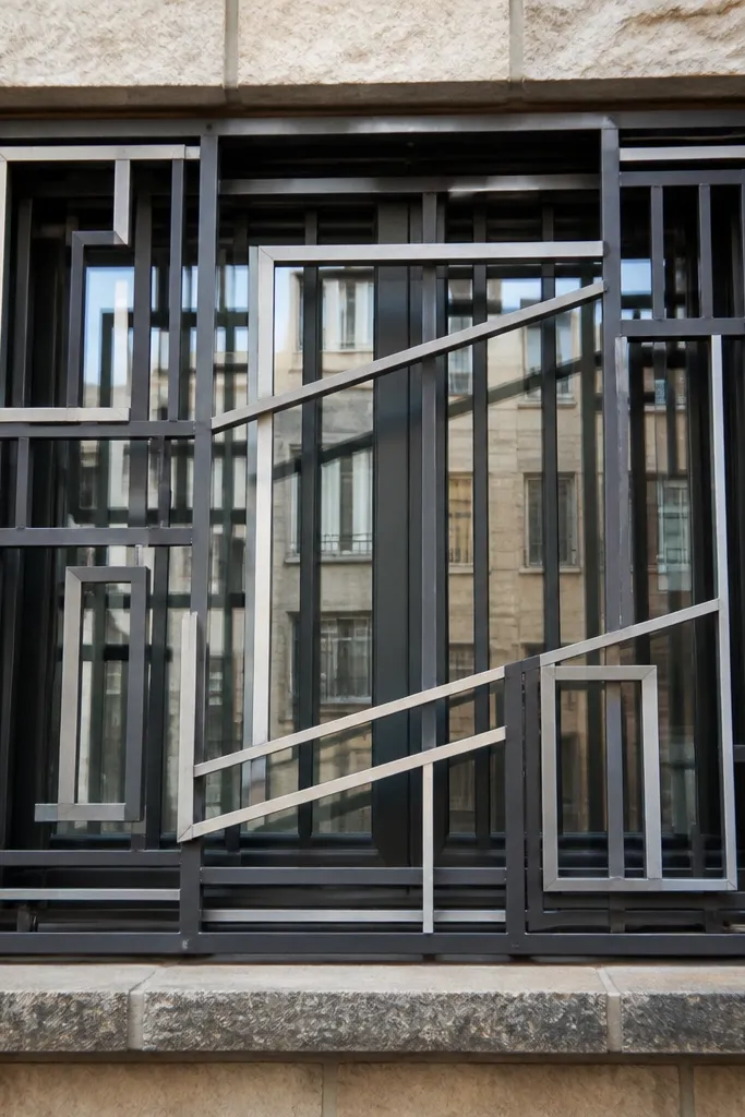 Window grill with many design elements and inconsistent alignment