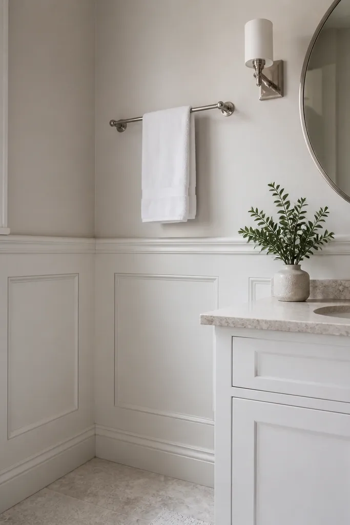 White bathroom wall with a chair rail and rectangular panel molding