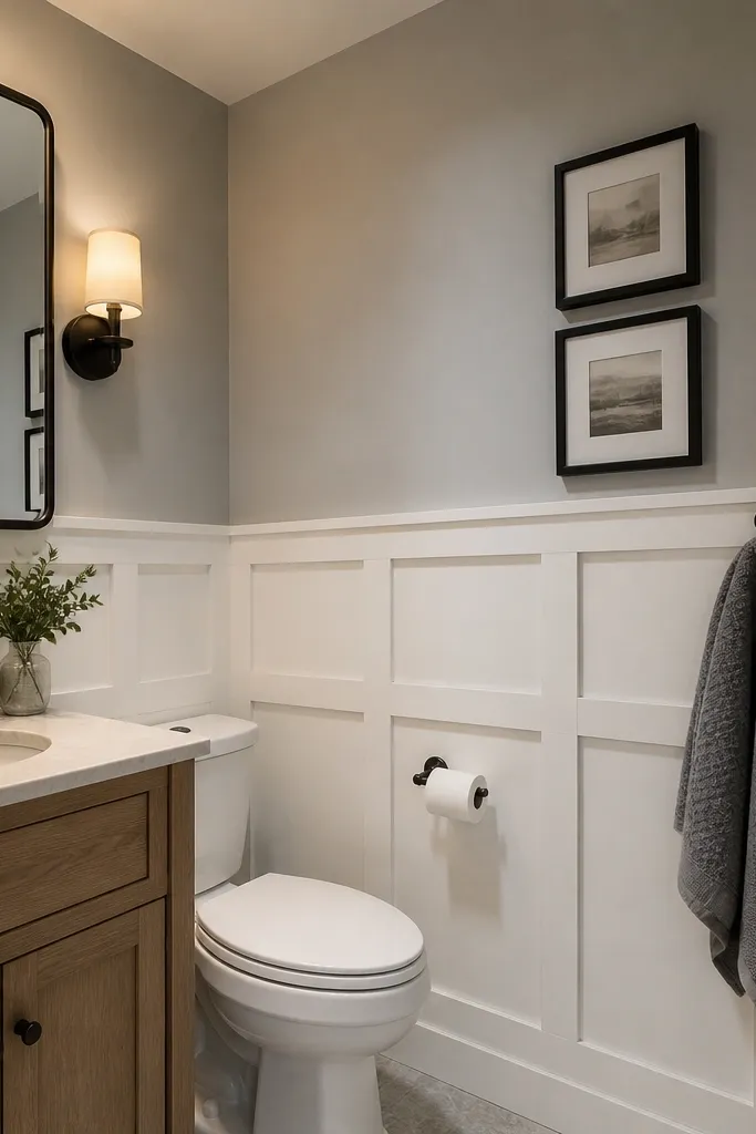 Bathroom wall with half-height square frame panels in white and light gray