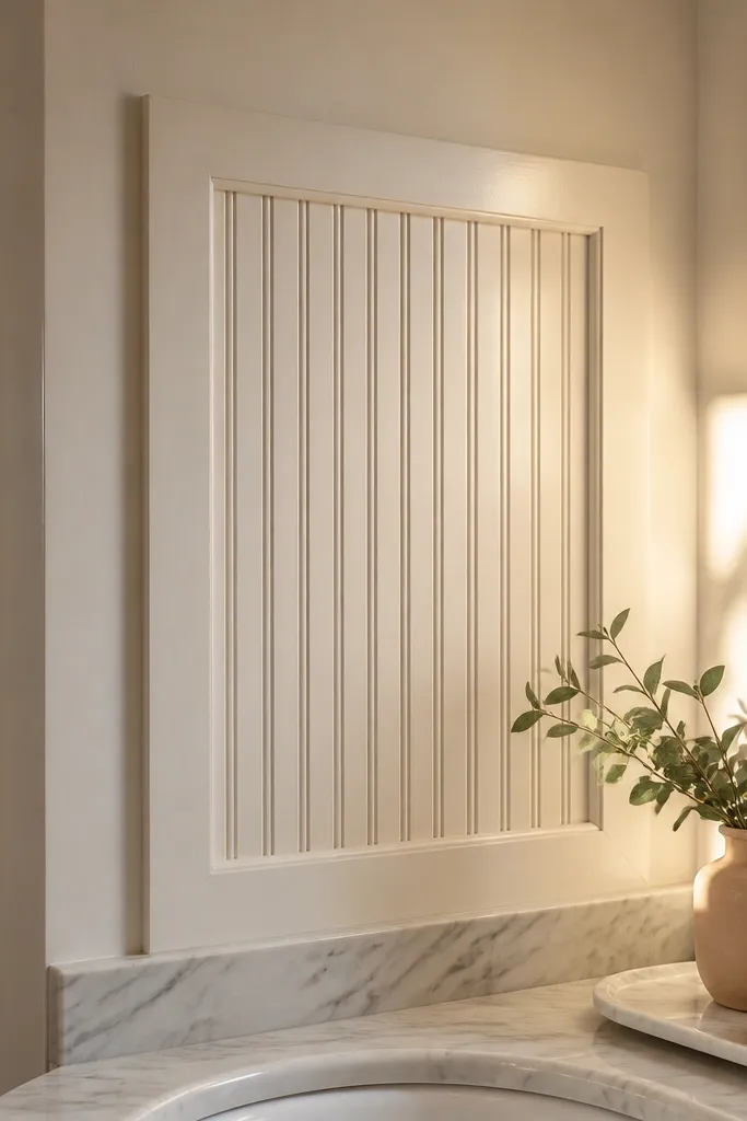 Bathroom wall with beadboard panels and a wide picture-frame border