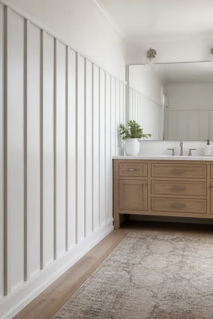 Bathroom wall with tall wainscoting panels rising toward the mirror