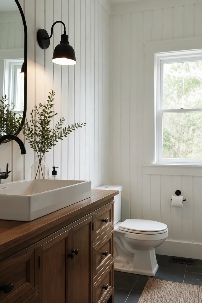 Bathroom wall with vertical slat wainscoting and a simple top rail