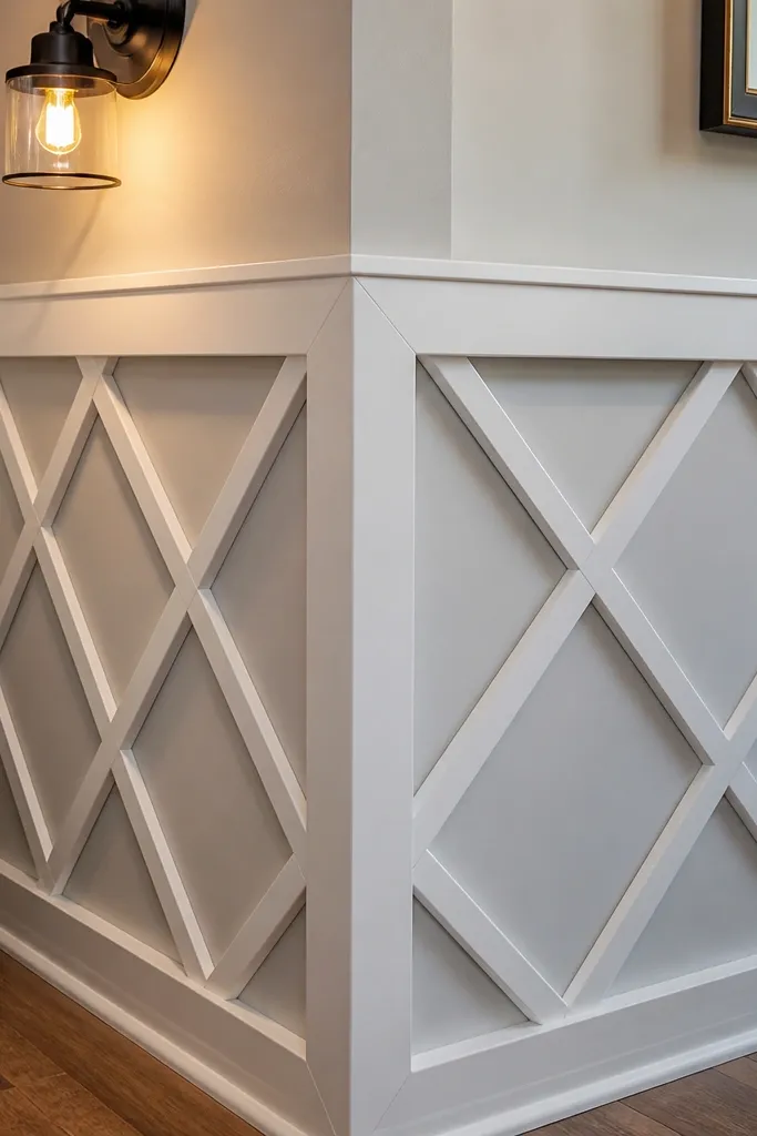 Bathroom wall with a diagonal lattice grid under a top rail