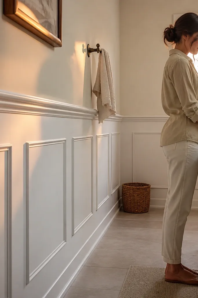 Bathroom wall with wainscoting panels and a curved base trim detail