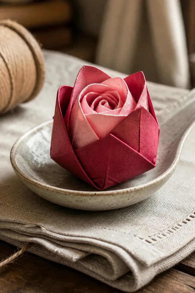 A small rosebud made from two paper colors with tight rolled petals
