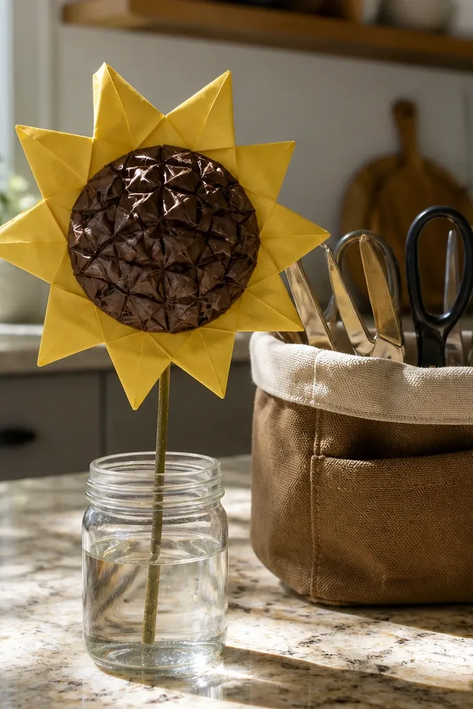 A sunflower with bright yellow petals and a textured dark center