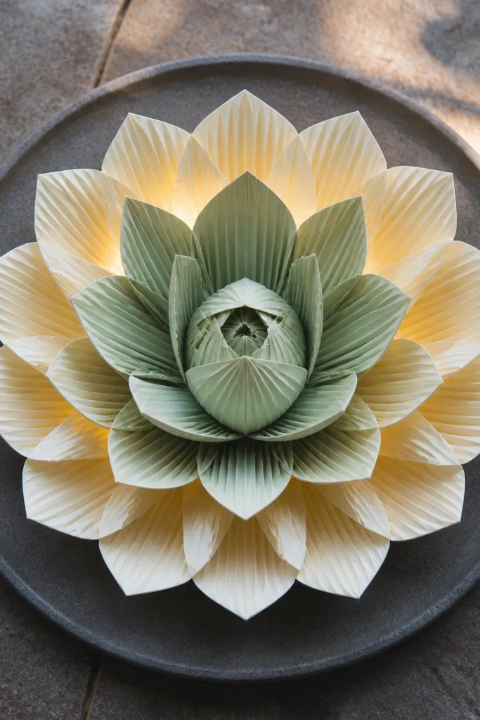 A lotus-style flower with layered fan petals in pale green and white