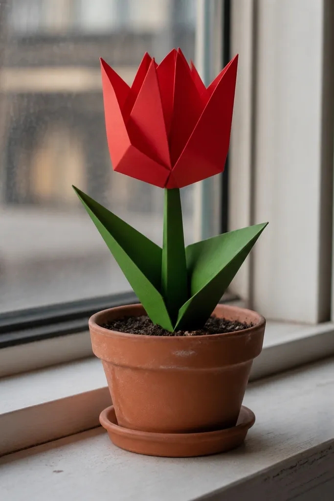 A tulip with a clean folded cup and pointed petals in red paper