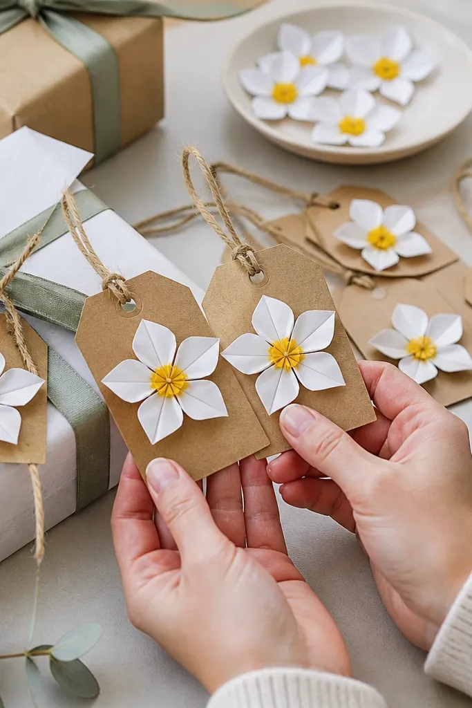 A small five-petal flower with a bright center for a tag