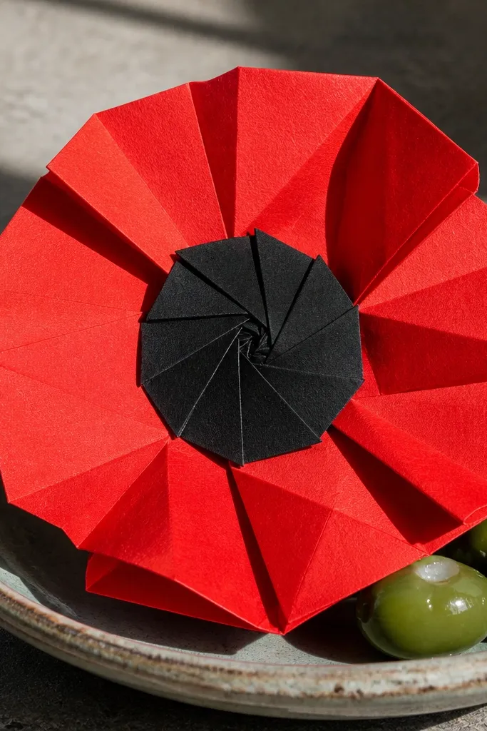 A poppy with red petals and a black pinwheel center