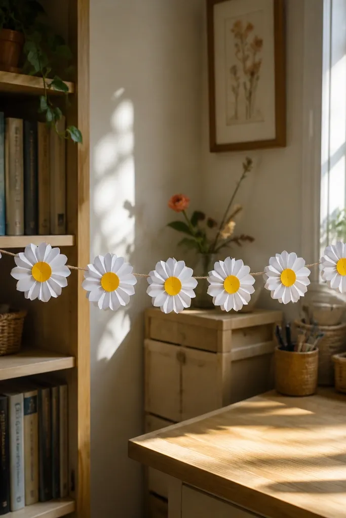 A string of small daisies connected in a chain with yellow centers