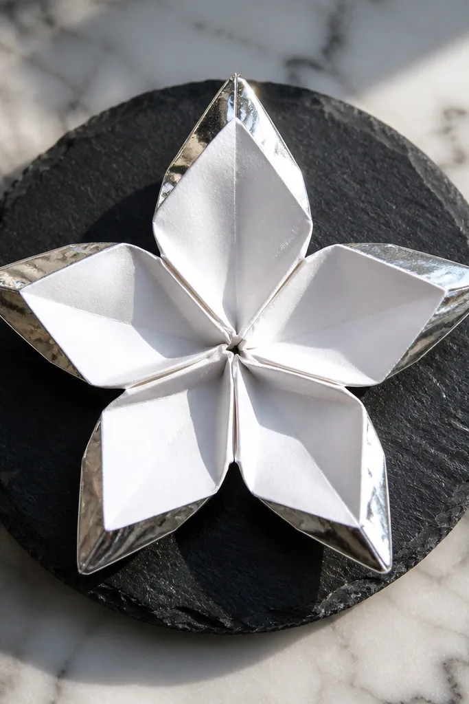 A star-like five-petal flower with metallic shimmer edges