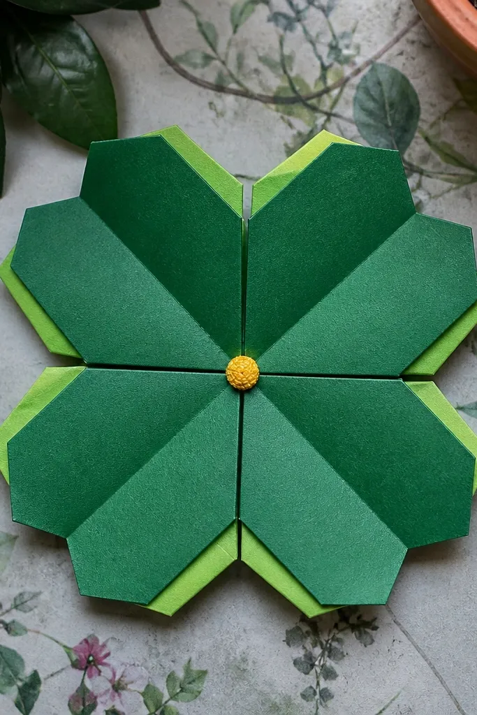 A clover-like flower with four petal leaves in green paper and a tiny center