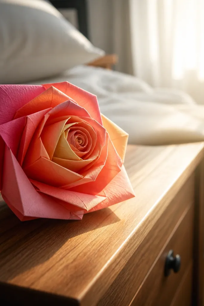A rose with gradient petals from light to dark pink and a tight center