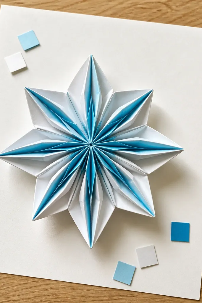 An open flower with star-shaped petals and layered ridges in white and teal