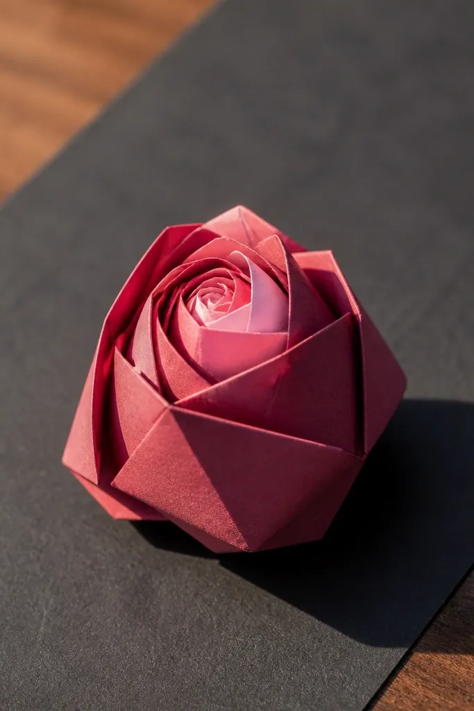 A compact rosebud with petal folds that create side shadows in mauve