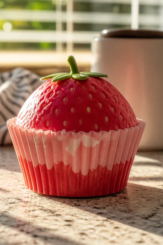 Pink strawberry cupcake paper squishy with a green top and smooth red shell