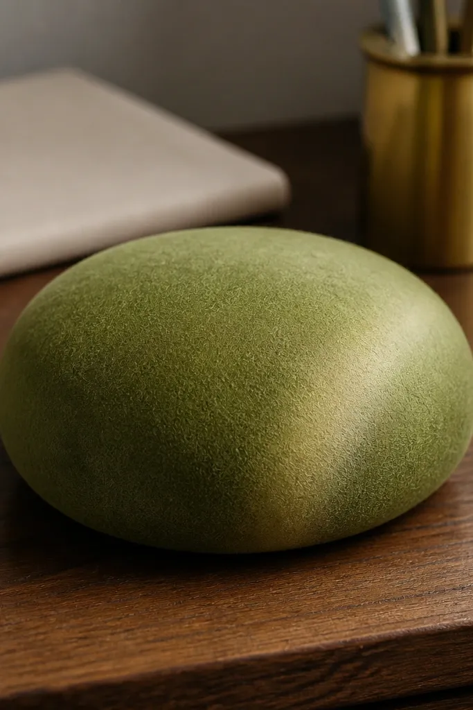 Green mochi paper squishy with a pale cream highlight and soft rounded edges